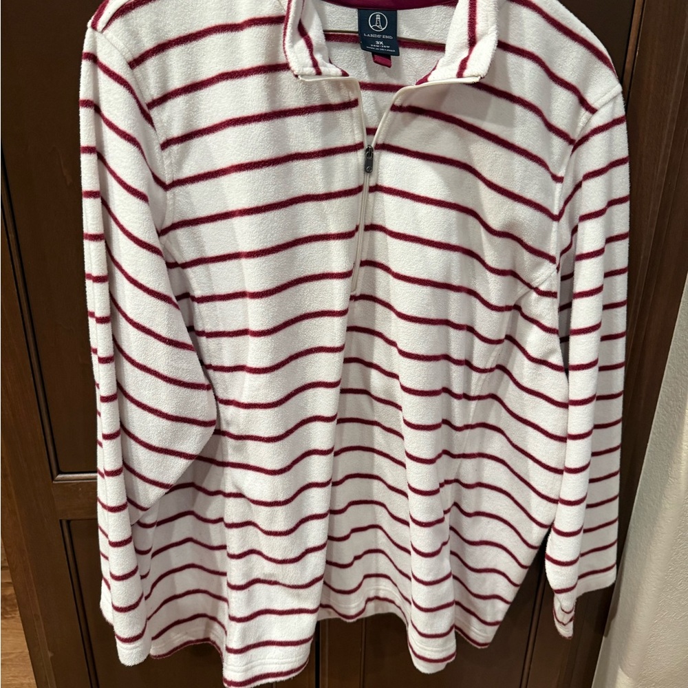 Lands end Striped Zip-Up Fleece Pullover - Cream & purple/burgandy
